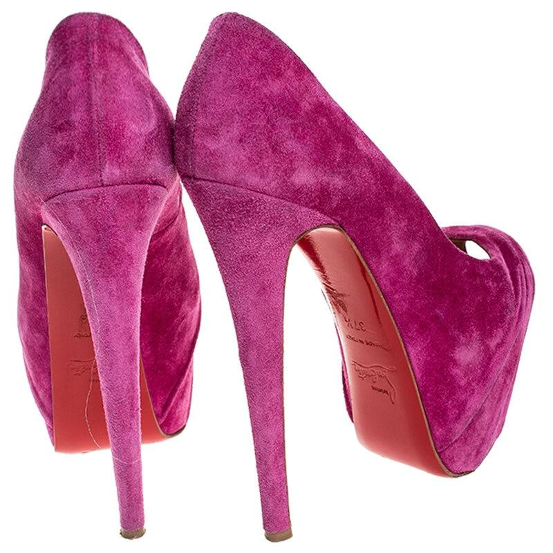 Christian Louboutin Pink Ruched Suede Drapesse Peep Toe Platform Pumps Size 37.5 1