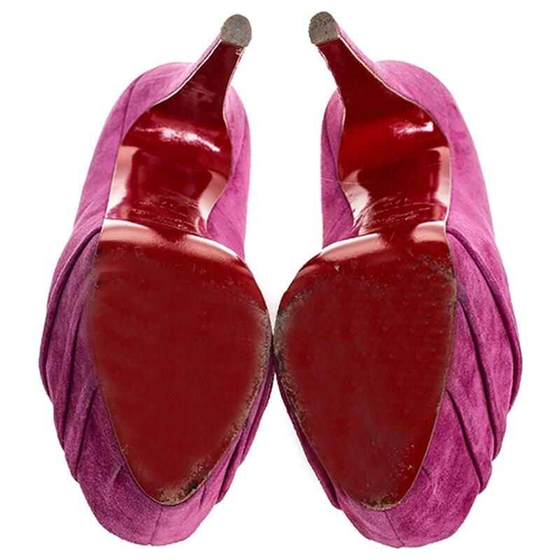 Christian Louboutin Pink Ruched Suede Drapesse Peep Toe Platform Pumps Size 37.5 2