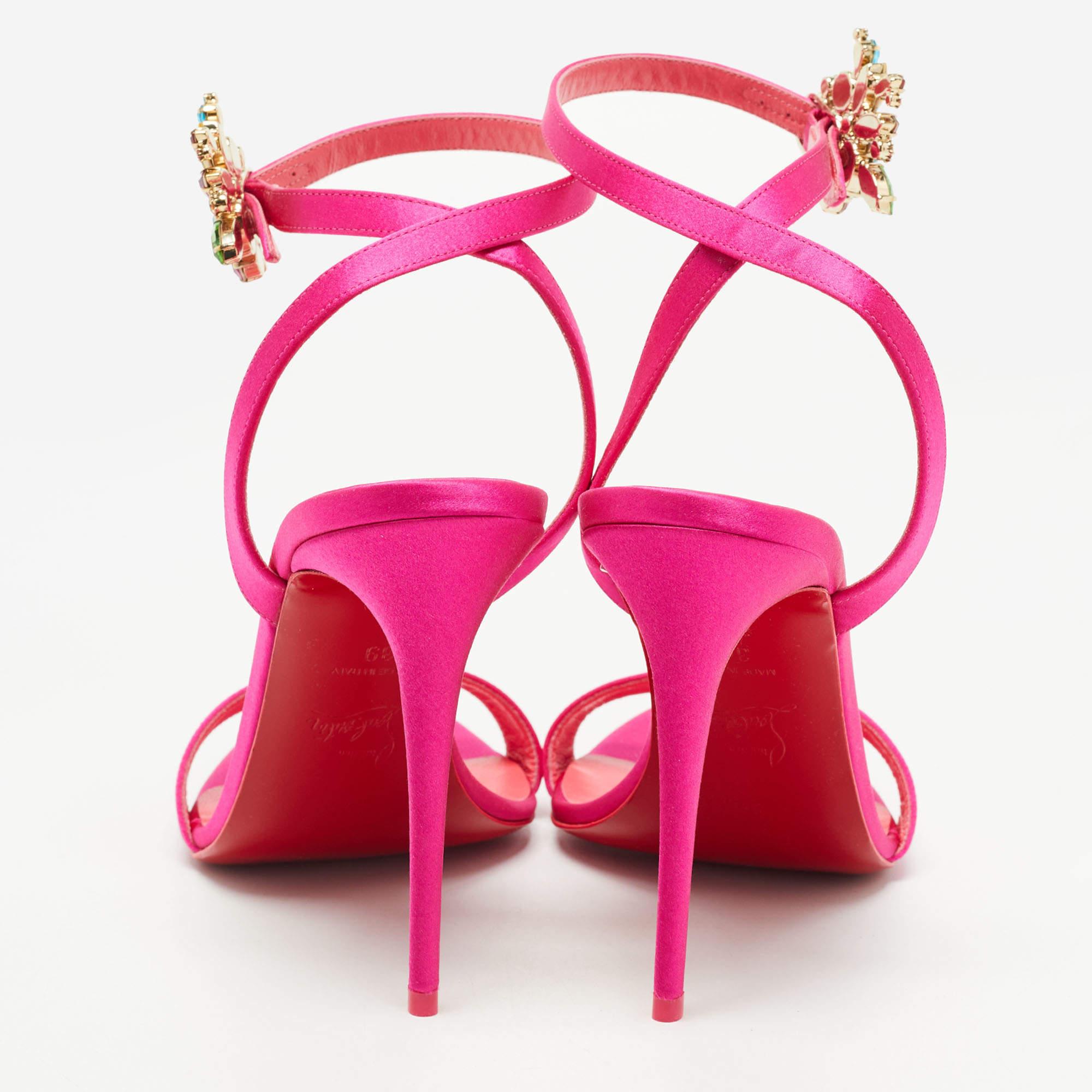 Christian Louboutin Pink Satin Goldie Jolie Sandals Size 39 In New Condition In Dubai, Al Qouz 2