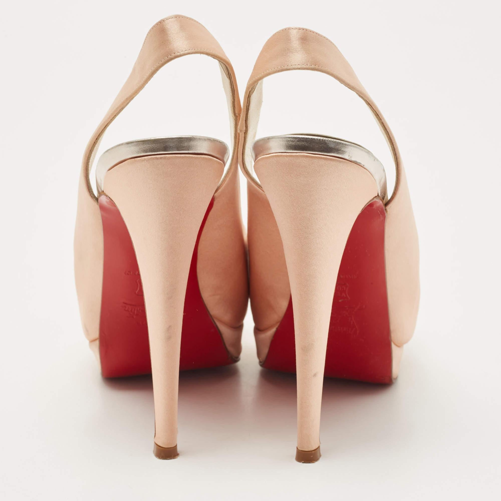 Women's Christian Louboutin Pink Satin Open Toe Platform Slingback Sandals Size 38 For Sale