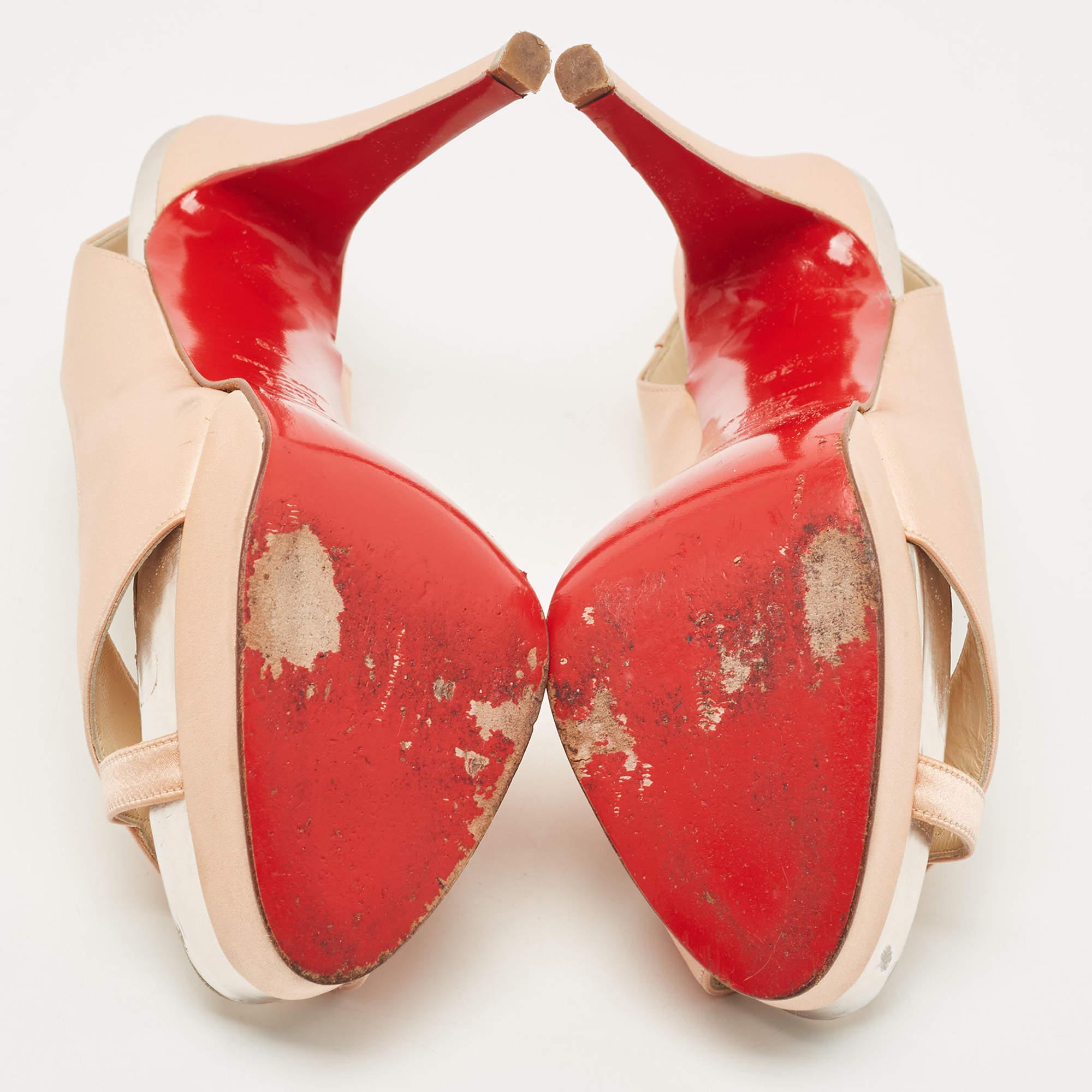 Christian Louboutin Pink Satin Open Toe Platform Slingback Sandals Size 38 For Sale 1