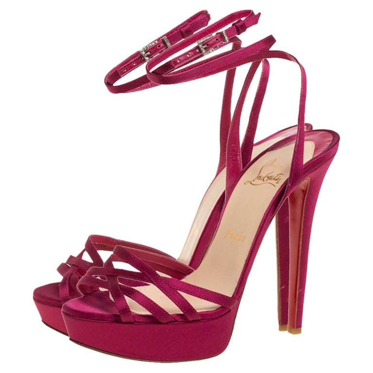 Christian Louboutin Pink Satin Platform Ankle Wrap Sandals Size 38 In Excellent Condition For Sale In Dubai, Al Qouz 2