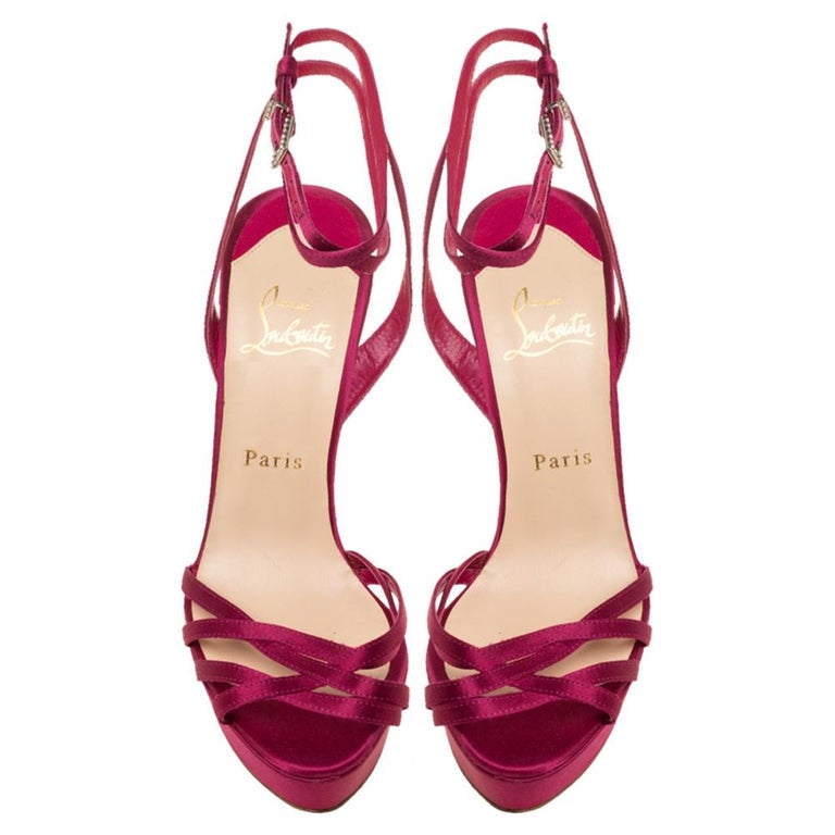 Women's Christian Louboutin Pink Satin Platform Ankle Wrap Sandals Size 38 For Sale
