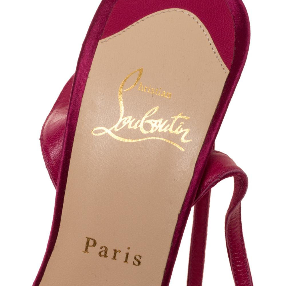 Christian Louboutin Pink Satin Platform Ankle Wrap Sandals Size 38 In Excellent Condition For Sale In Dubai, Al Qouz 2