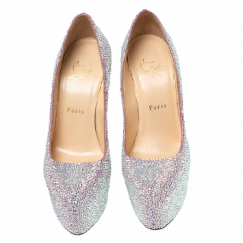 Christian Louboutin Pink/Silver Crystal Suede Daffodile Platform Pumps Size 37 In Good Condition For Sale In Dubai, Al Qouz 2