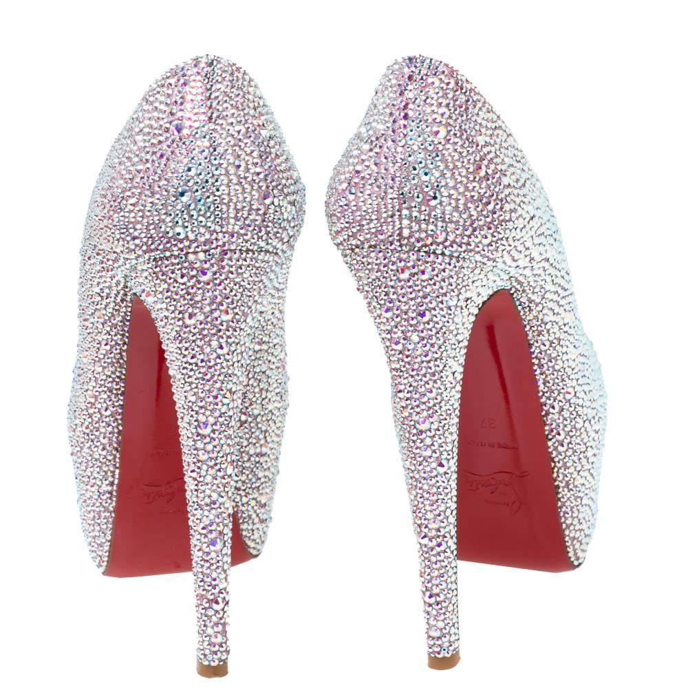 Christian Louboutin Pink/Silver Crystal Suede Daffodile Platform Pumps Size 37 In Good Condition For Sale In Dubai, Al Qouz 2