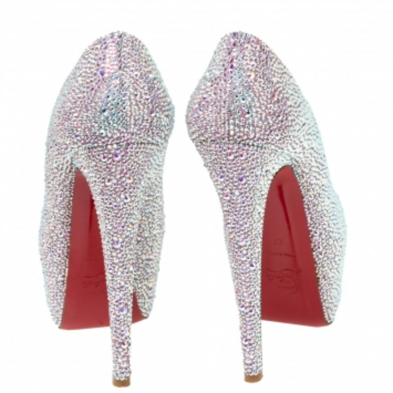 Women's Christian Louboutin Pink/Silver Crystal Suede Daffodile Platform Pumps Size 37 For Sale