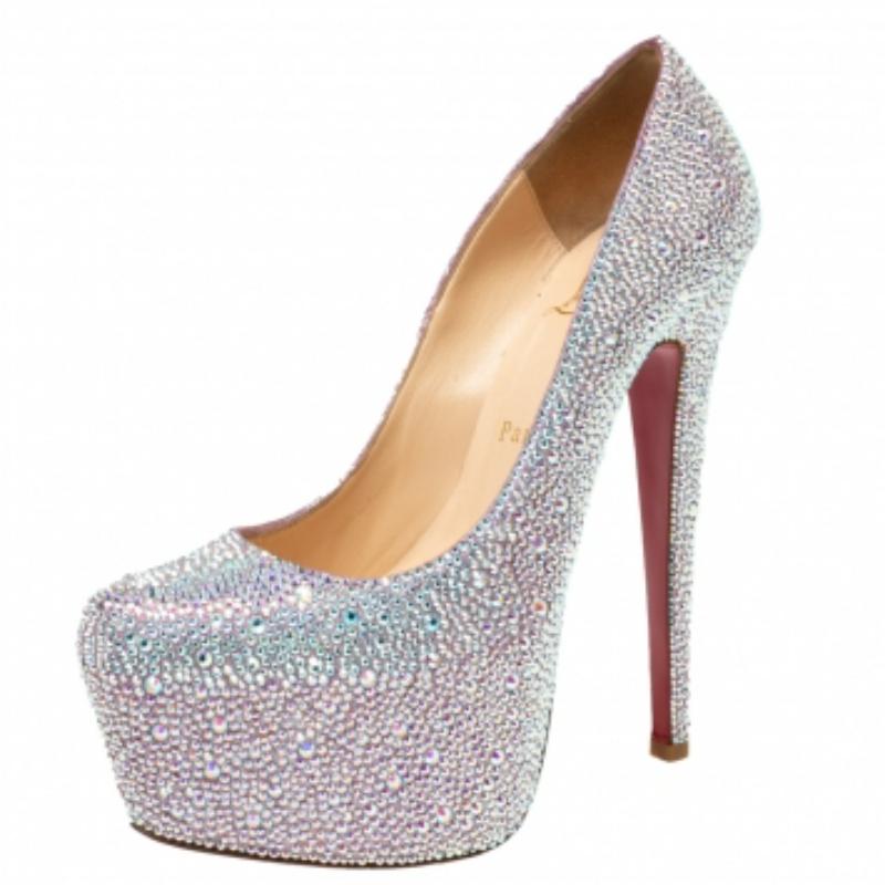 Christian Louboutin Pink/Silver Crystal Suede Daffodile Platform Pumps Size 37 For Sale 4