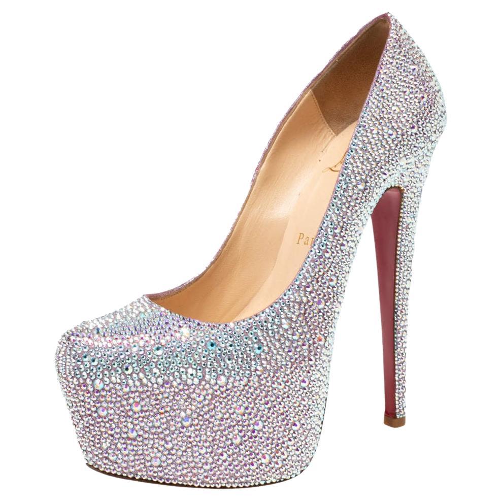 Christian Louboutin Pink/Silver Crystal Suede Daffodile Platform Pumps Size 37 For Sale