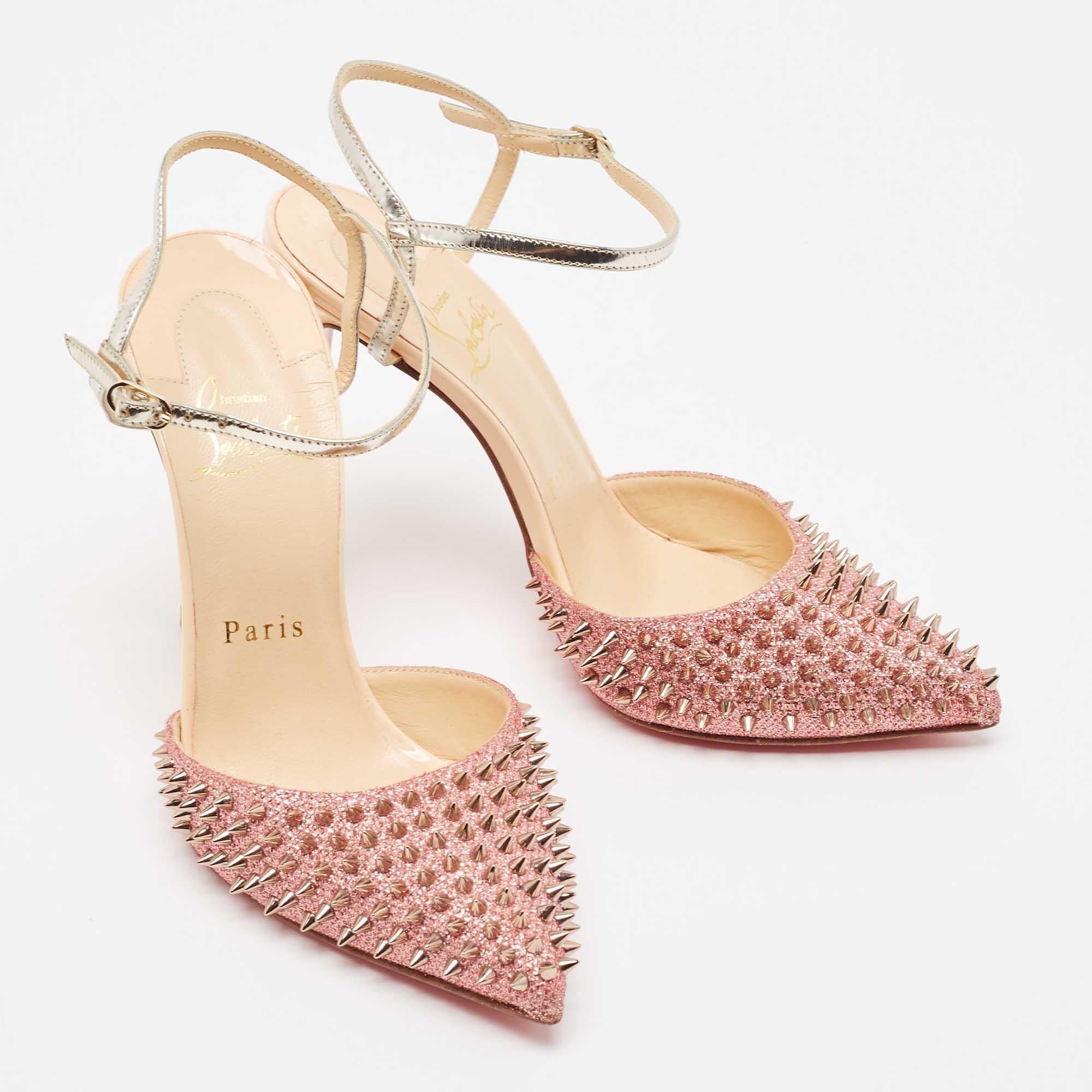 Christian Louboutin Pink/Silver Lurex Fabric and Leather Baila Spike Ankle Strap In Excellent Condition In Dubai, Al Qouz 2