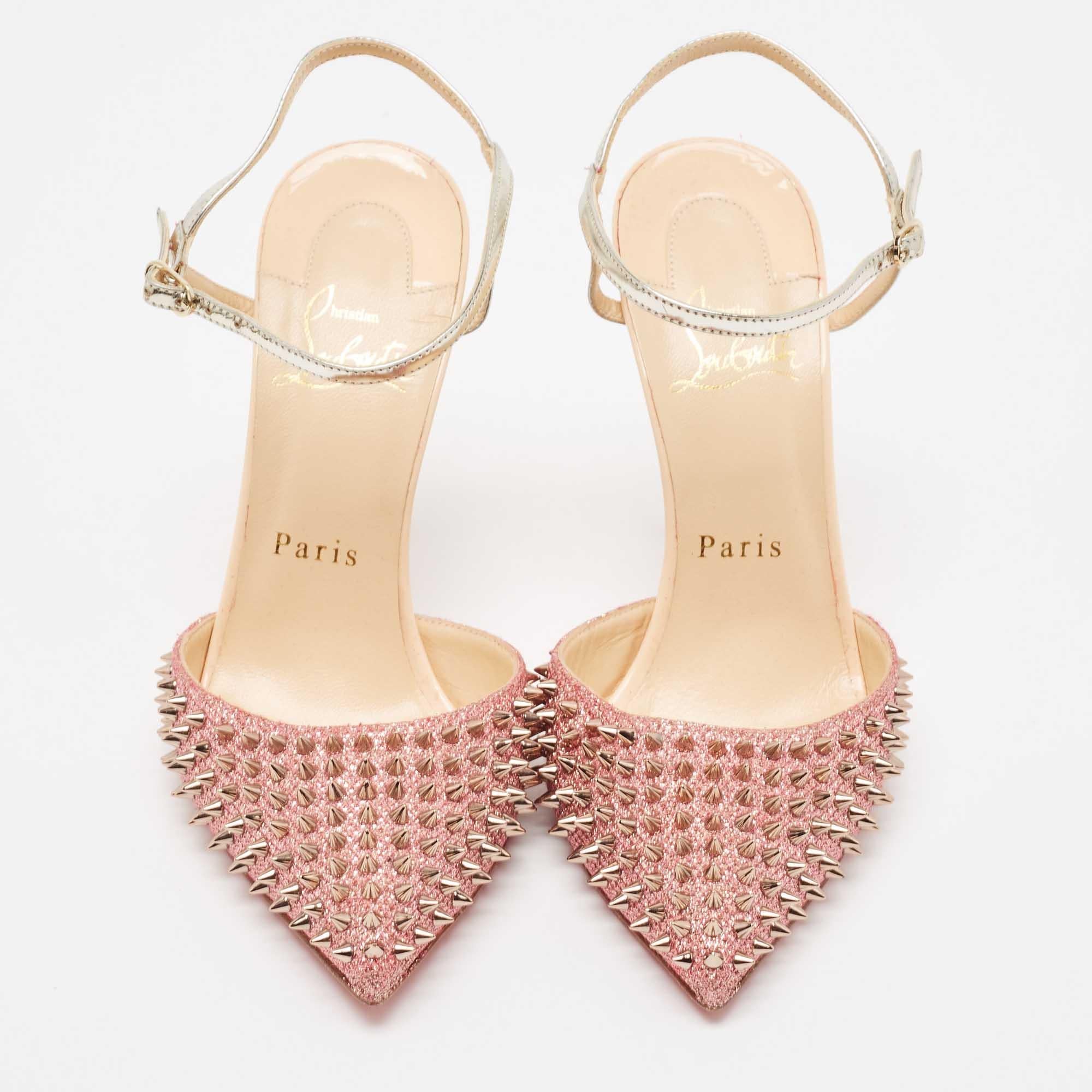 Women's Christian Louboutin Pink/Silver Lurex Fabric and Leather Baila Spike Ankle Strap