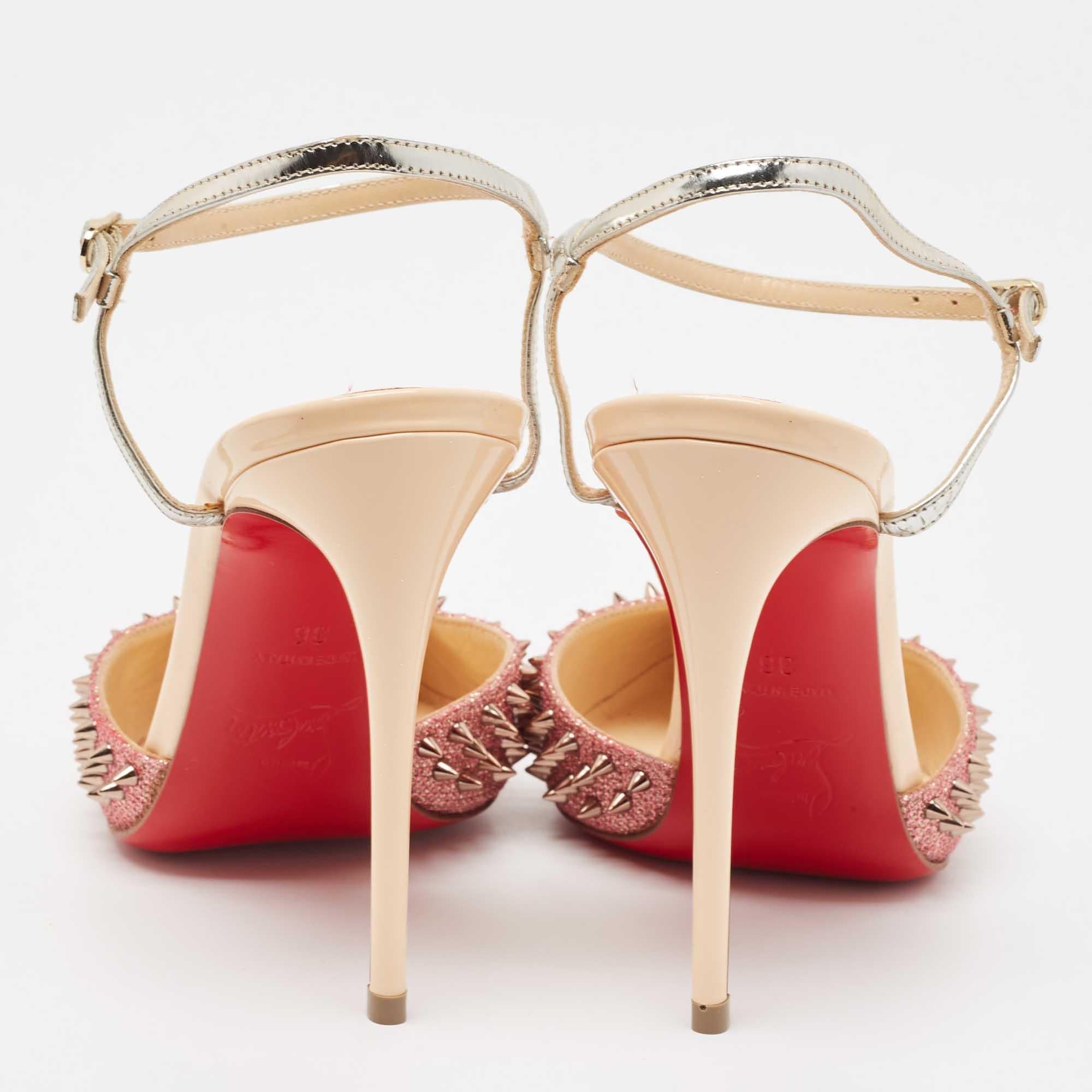 Christian Louboutin Pink/Silver Lurex Fabric and Leather Baila Spike Ankle Strap 1