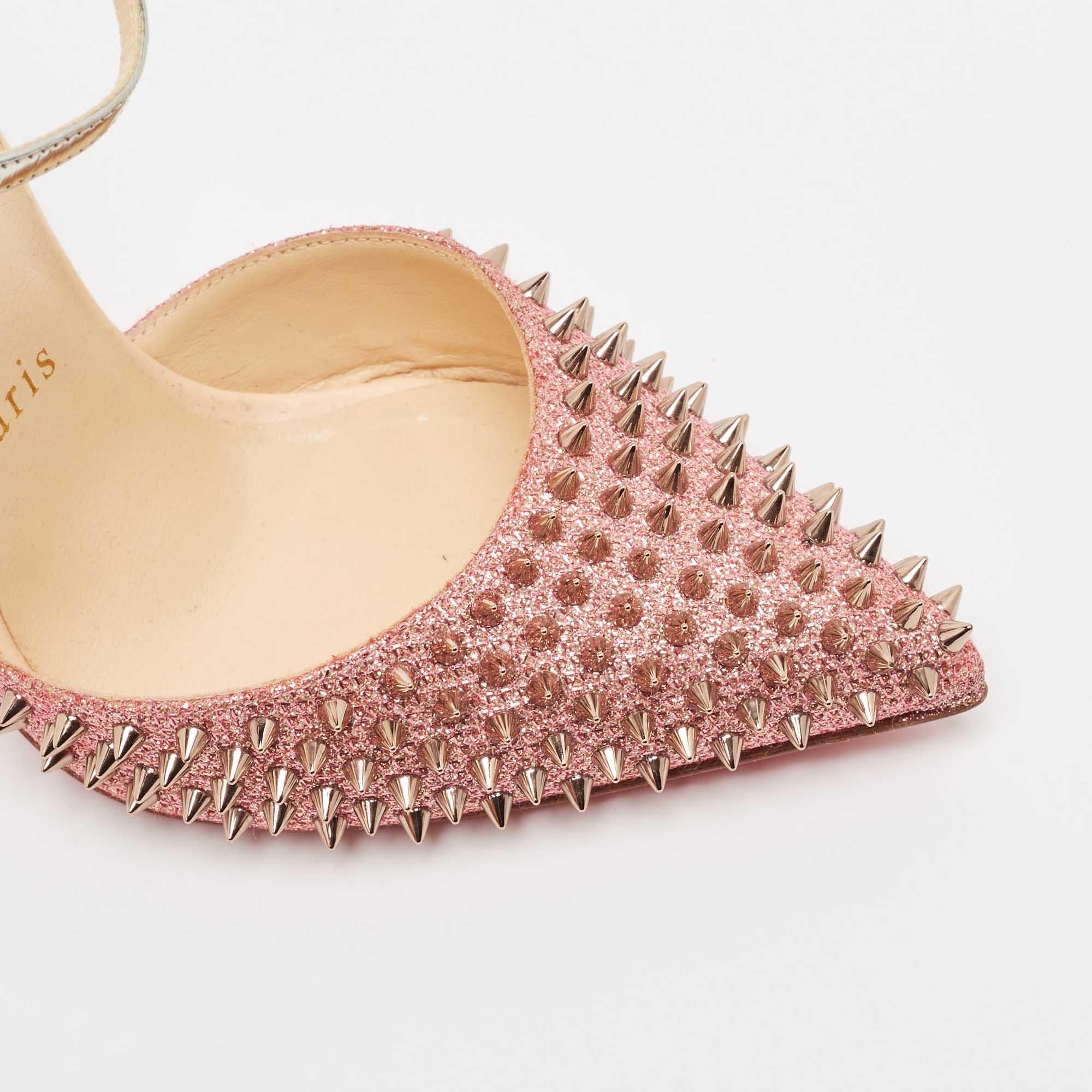 Christian Louboutin Pink/Silver Lurex Fabric and Leather Baila Spike Ankle Strap 3