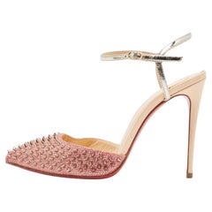 Christian Louboutin Pink/Silver Lurex Fabric and Leather Baila Spike Ankle Strap