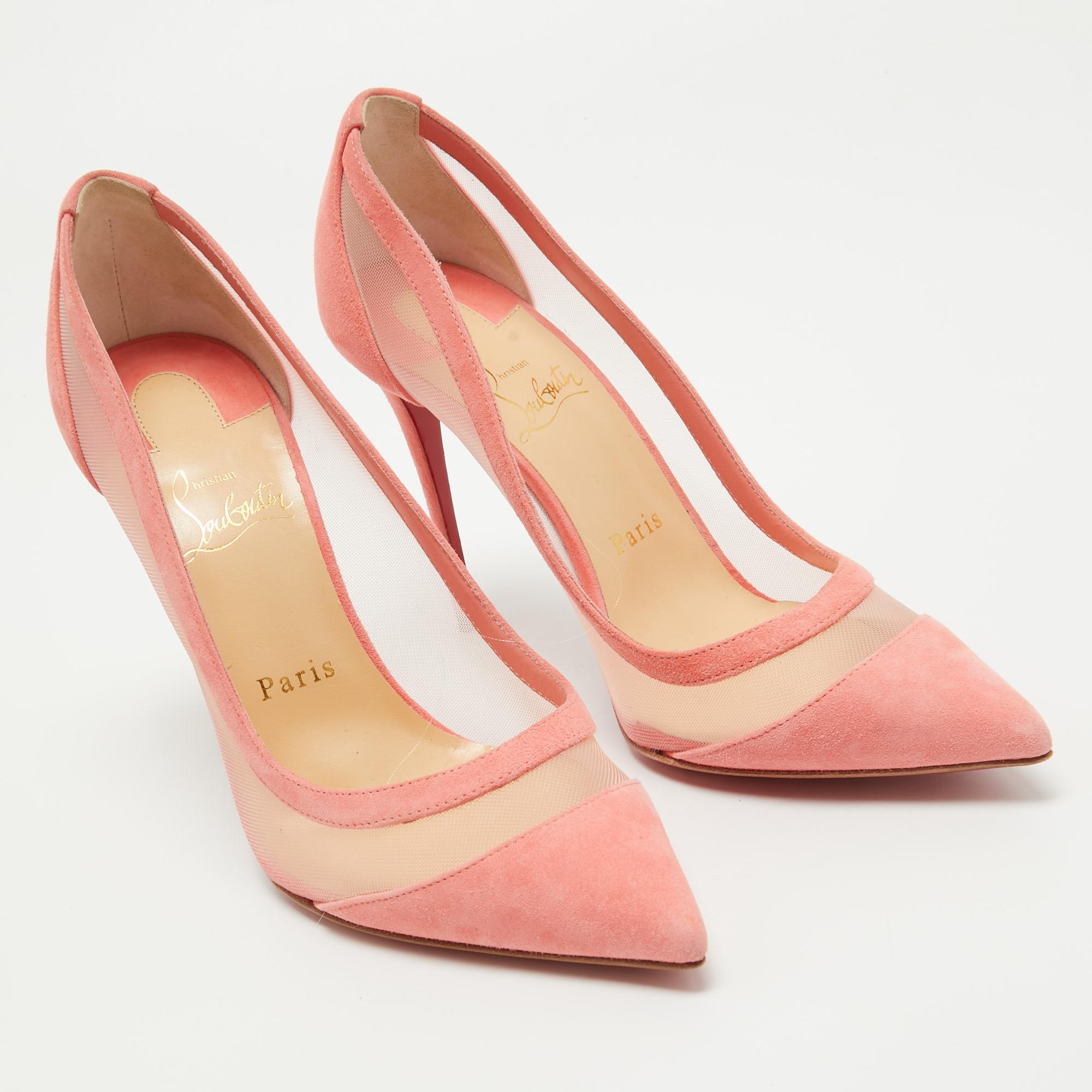 Christian Louboutin Pink Suede and Mesh Galativi Pumps Size 38.5 In Excellent Condition For Sale In Dubai, Al Qouz 2