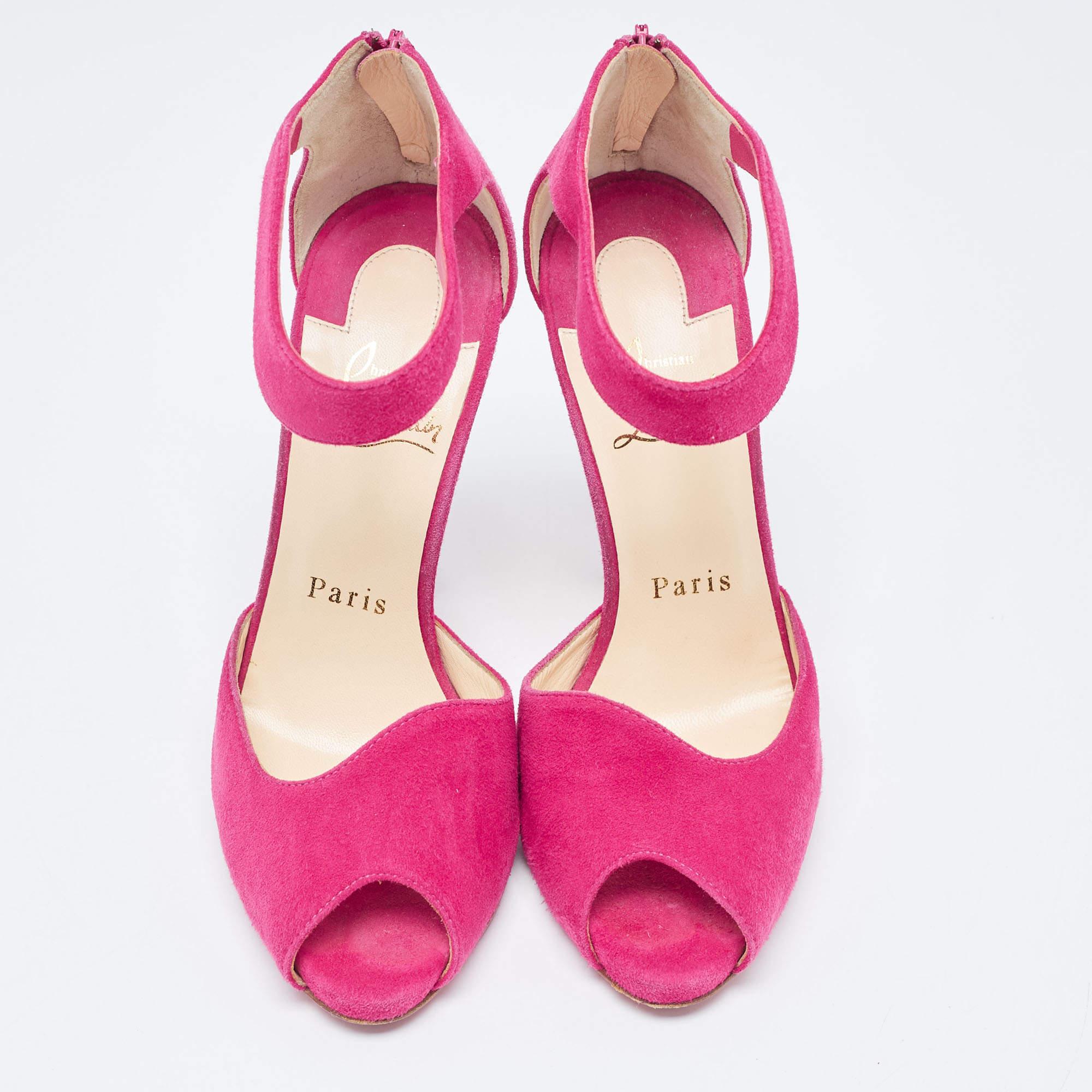 Christian Louboutin Pink Suede Ankle Strap Sandals Size 36 In Good Condition For Sale In Dubai, Al Qouz 2