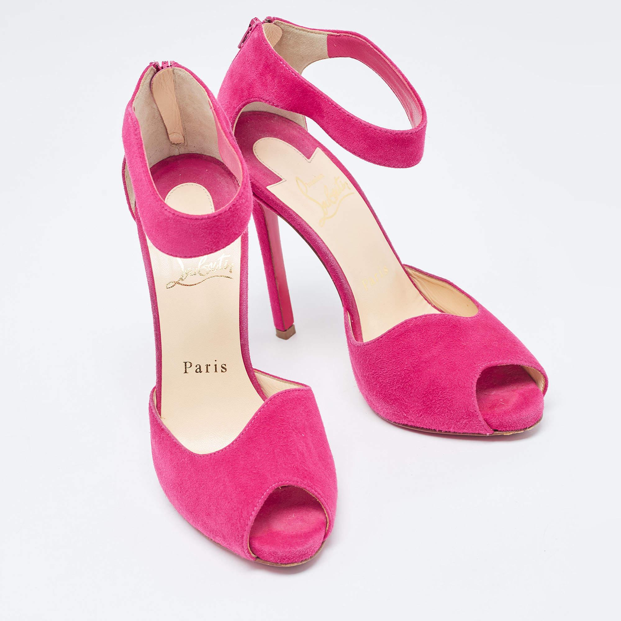 Women's Christian Louboutin Pink Suede Ankle Strap Sandals Size 36 For Sale