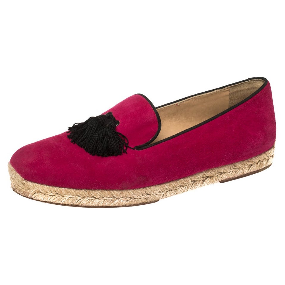 Christian Louboutin Pink Suede Cheetah Tassel Espadrilles Size 39 For Sale