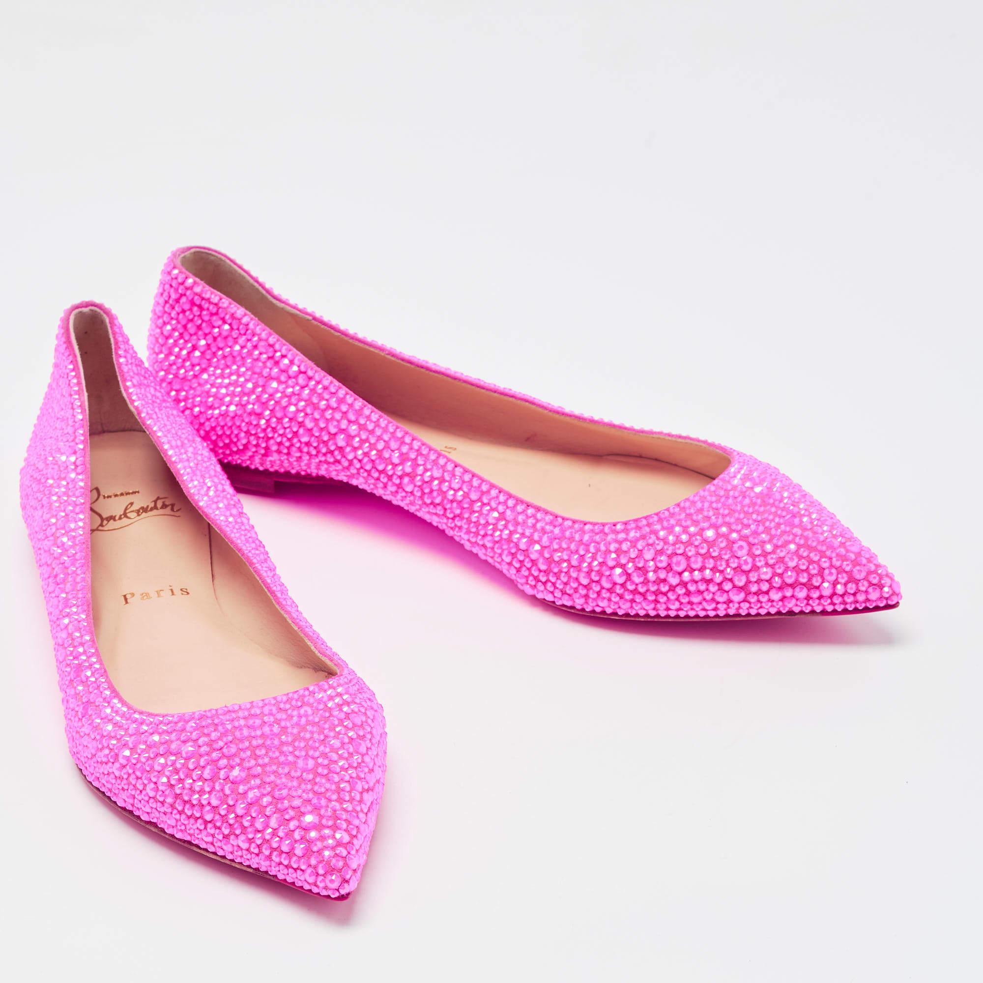 Women's Christian Louboutin Pink Suede Crystal Embellished Ballet Flats Size 37