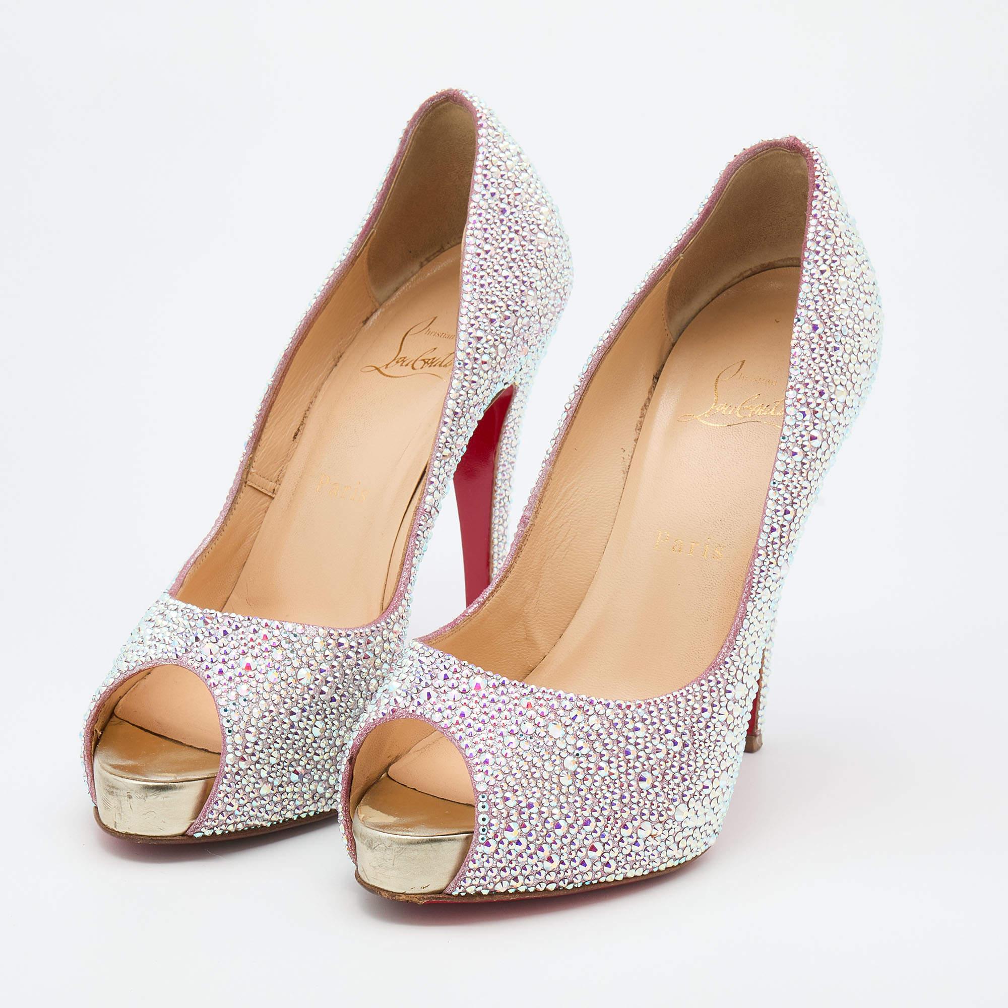 Gray Christian Louboutin Pink Suede Crystal Embellished Peep Toe Pumps Size  38 For Sale