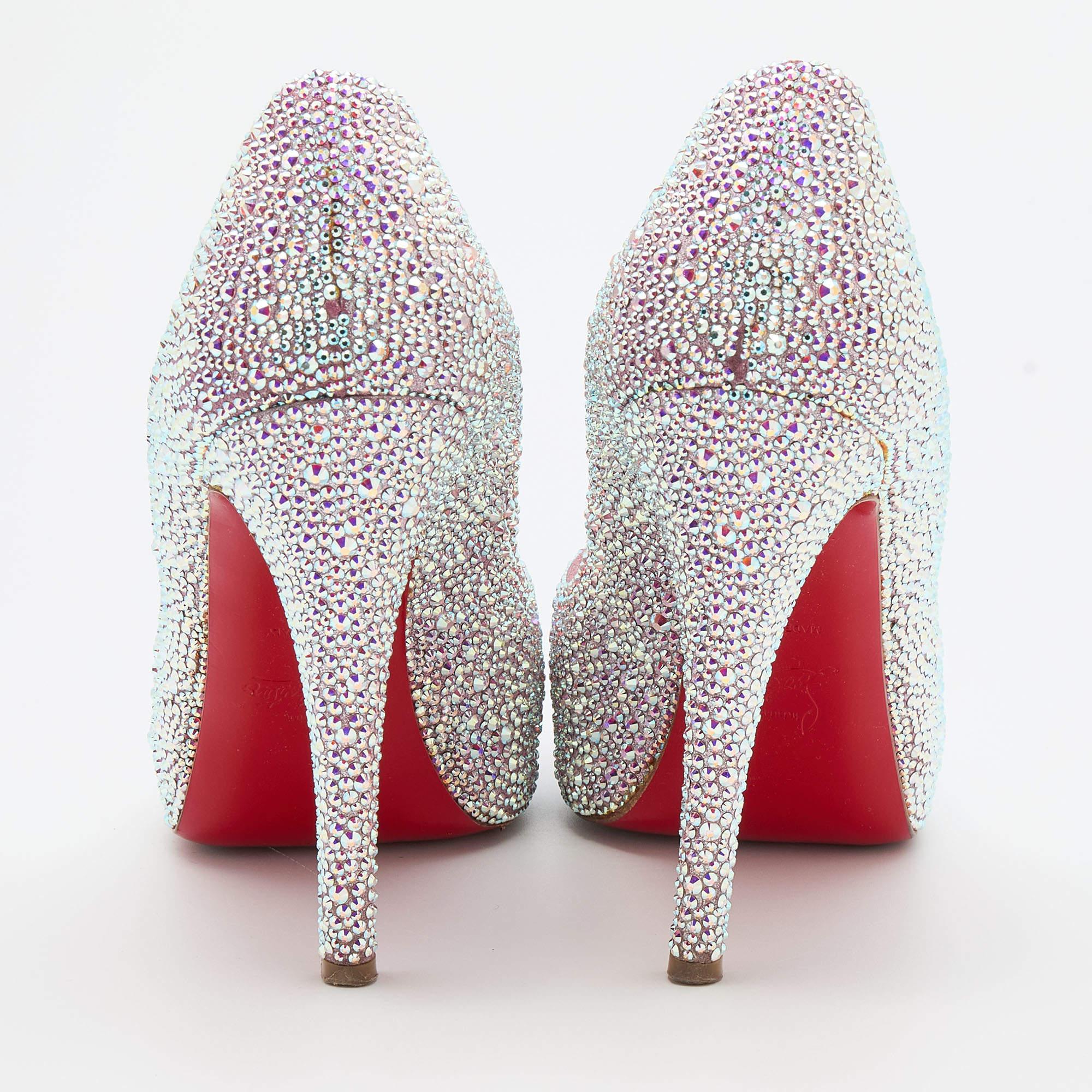 Women's Christian Louboutin Pink Suede Crystal Embellished Peep Toe Pumps Size  38 For Sale