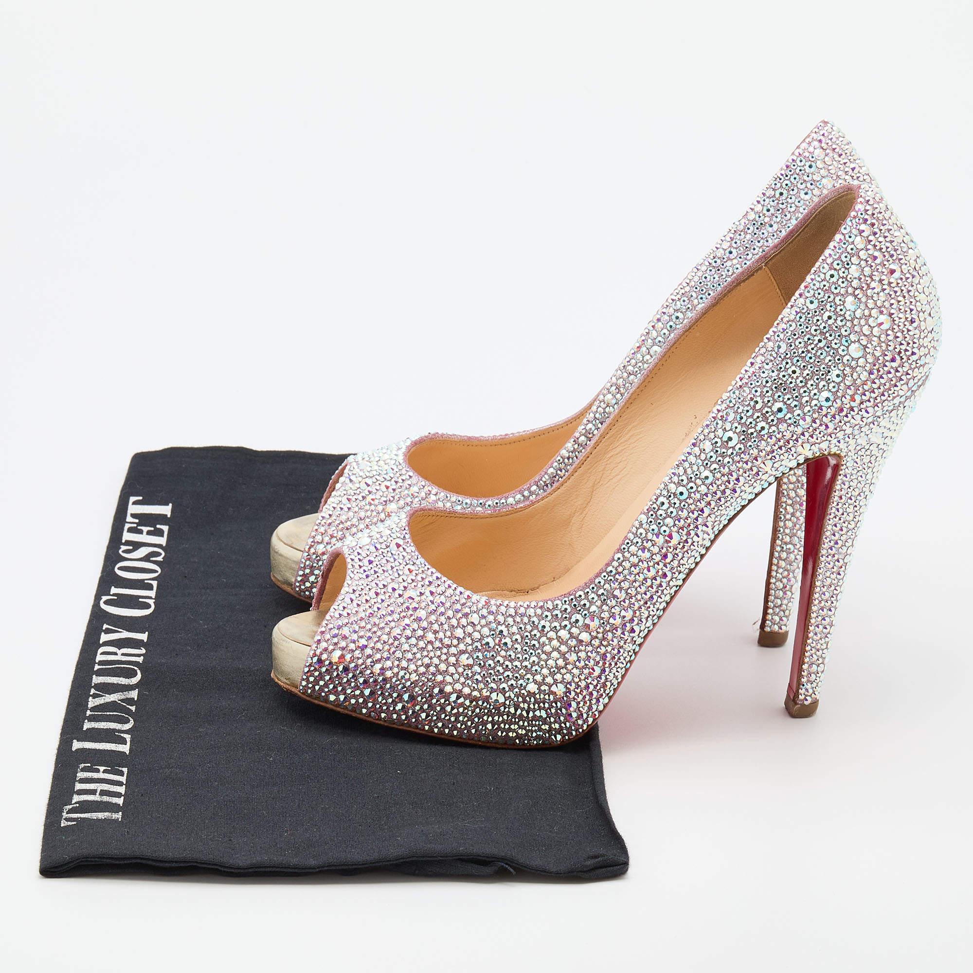 Christian Louboutin Pink Suede Crystal Embellished Peep Toe Pumps Size  38 For Sale 3