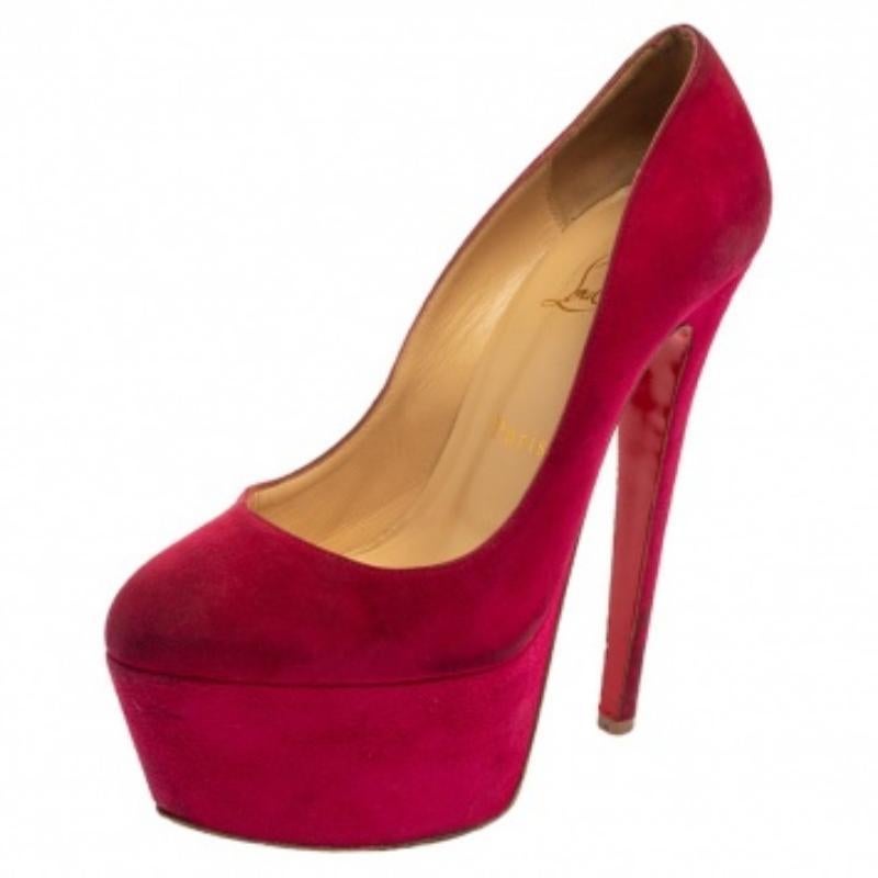Take your love for Louboutins to new heights by adding this gorgeous pair to your collection. The pumps simply speak high fashion in every stitch and curve. The exteriors come made from suede and the pumps are finished with platforms, 15 cm heels,