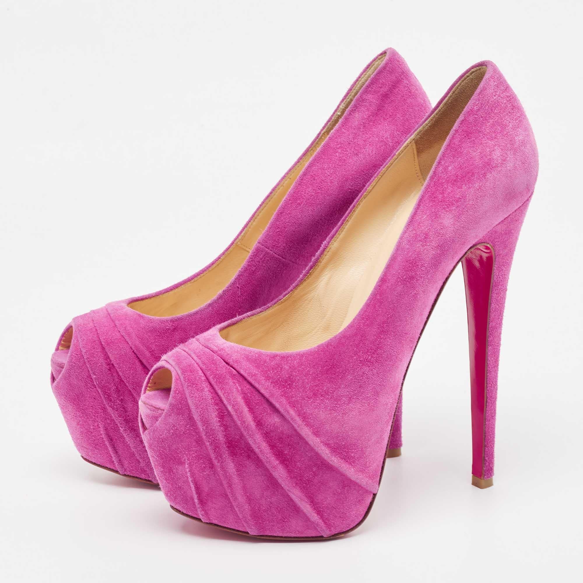 Christian Louboutin Pink Suede Drapesse Peep Toe Pumps Size 38 For Sale 1