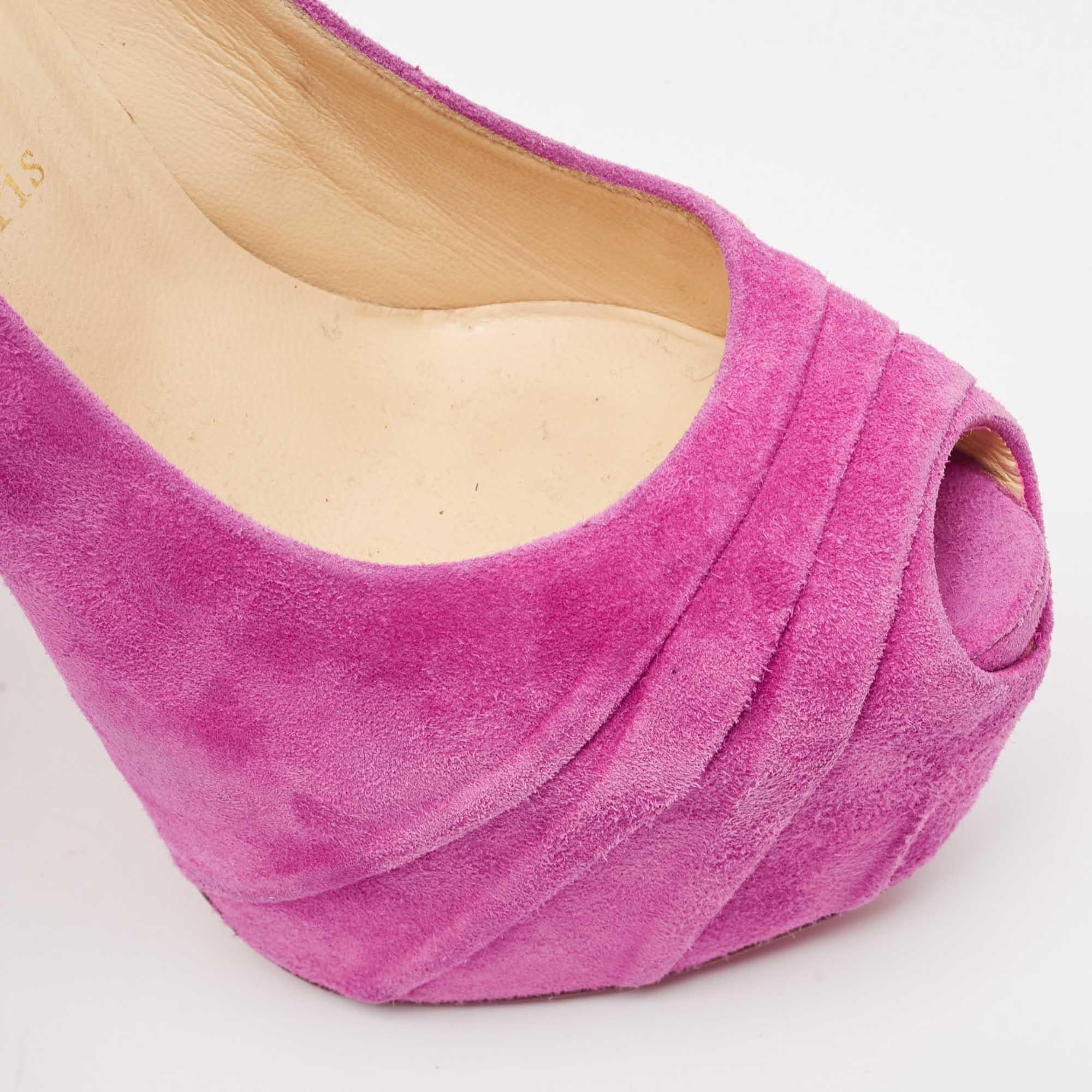 Christian Louboutin Pink Suede Drapesse Peep Toe Pumps Size 38 For Sale 2