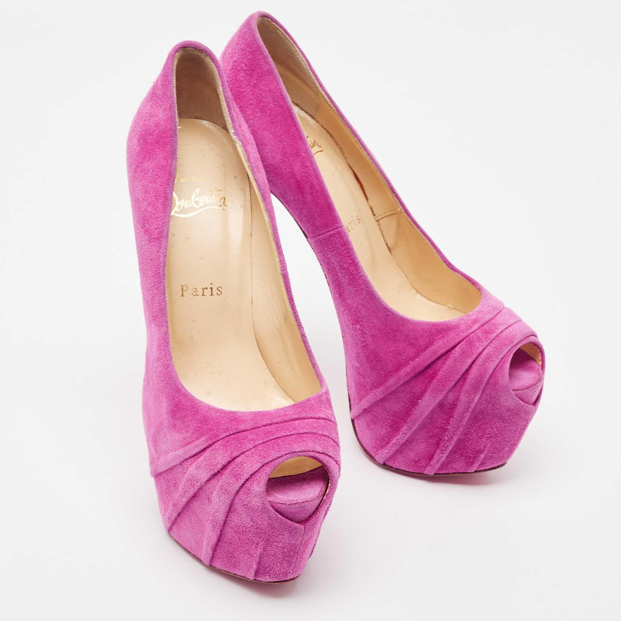 Christian Louboutin Pink Suede Drapesse Peep Toe Pumps Size 38 For Sale 4