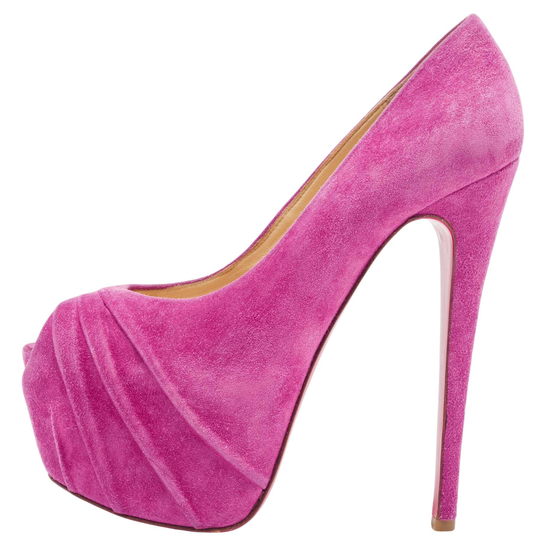 Christian Louboutin Pink Suede Drapesse Peep Toe Pumps Size 38 For Sale