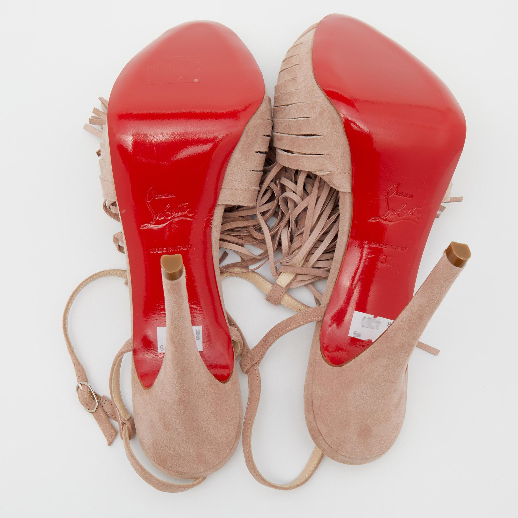 Christian Louboutin Pink Suede Fringe T-Strap Platform Sandals Size 37 In Good Condition In Dubai, Al Qouz 2