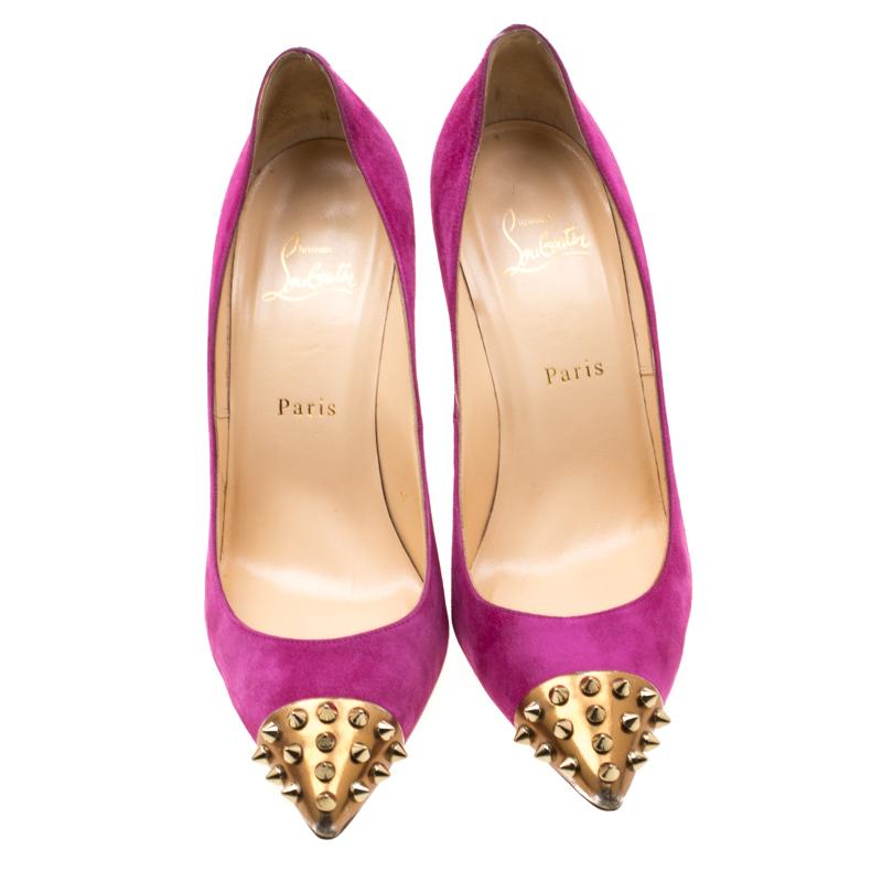 Christian Louboutin Pink Suede Geo Spike Studded Cap Toe Pumps Size 39.5 In Good Condition In Dubai, Al Qouz 2