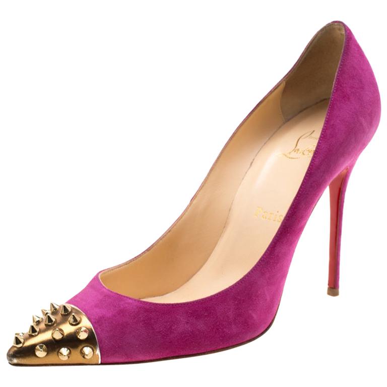 Christian Louboutin Pink Suede Geo Spike Studded Cap Toe Pumps Size 39.5