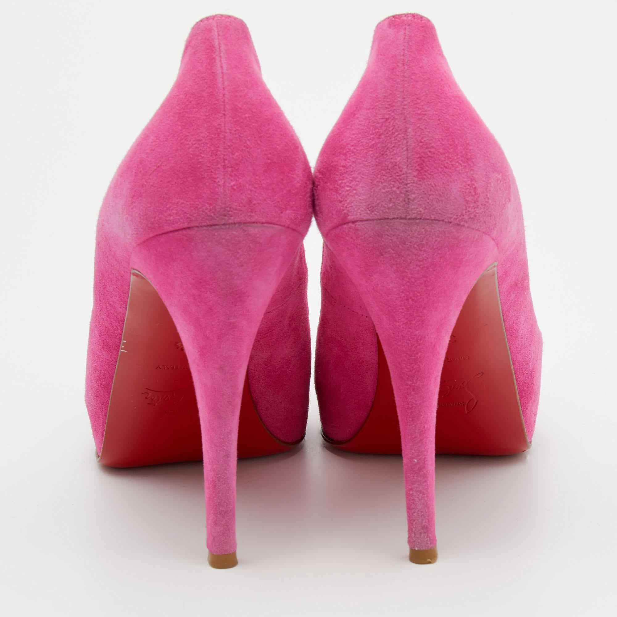 Women's Christian Louboutin Pink Suede Hyper Prive Peep Toe Platform Pumps Size 38.5