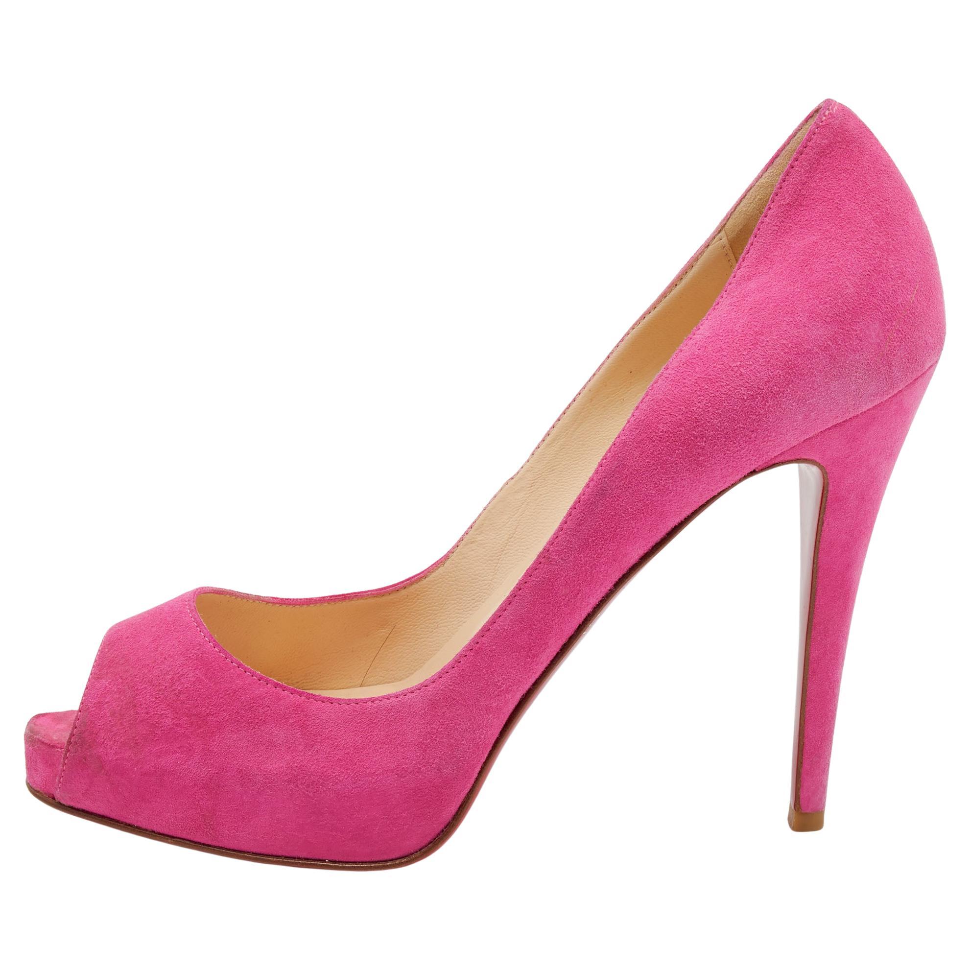 Christian Louboutin Pink Suede Hyper Prive Peep Toe Platform Pumps Size 38.5