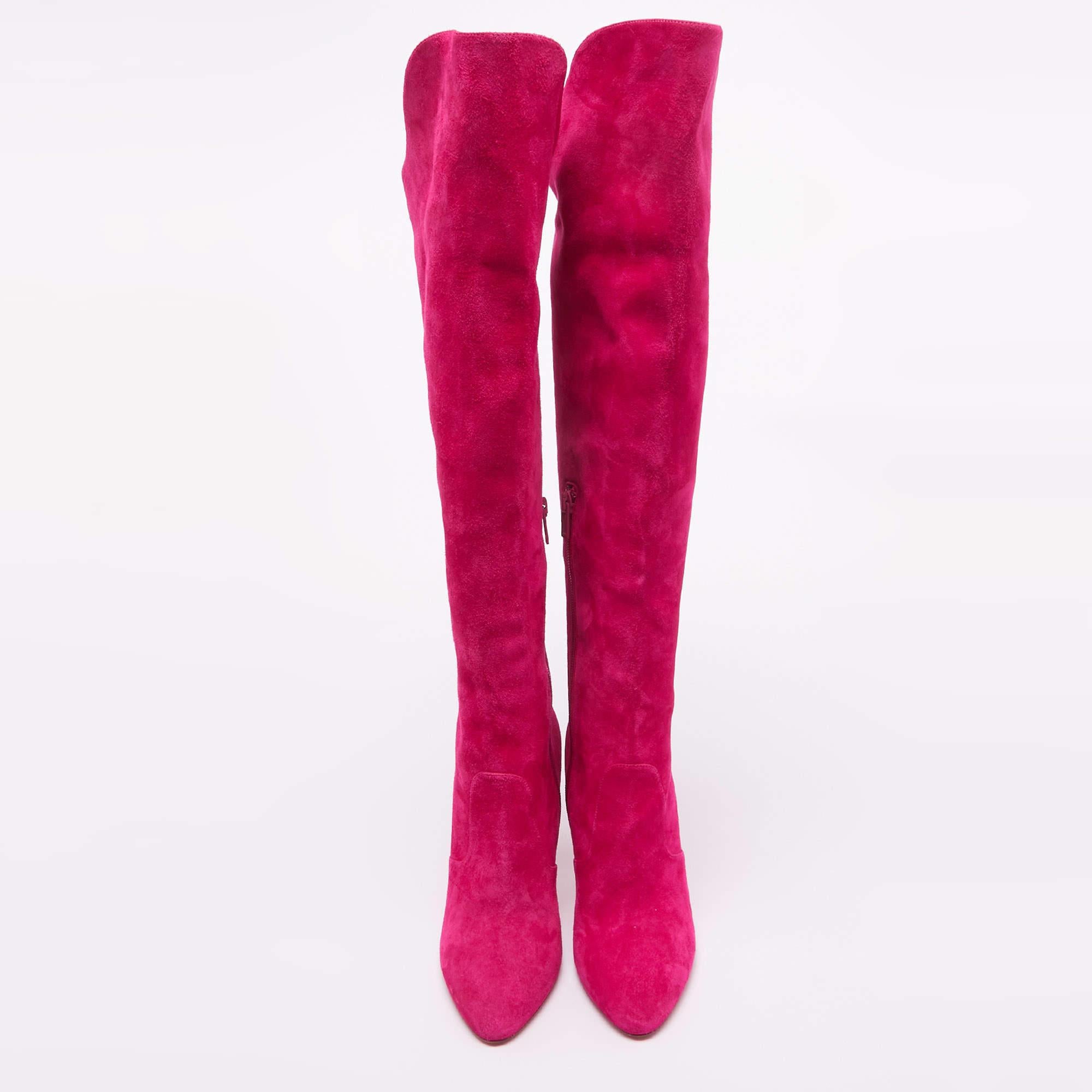 Christian Louboutin Pink Suede Knee Length Boots Size 38 In New Condition In Dubai, Al Qouz 2