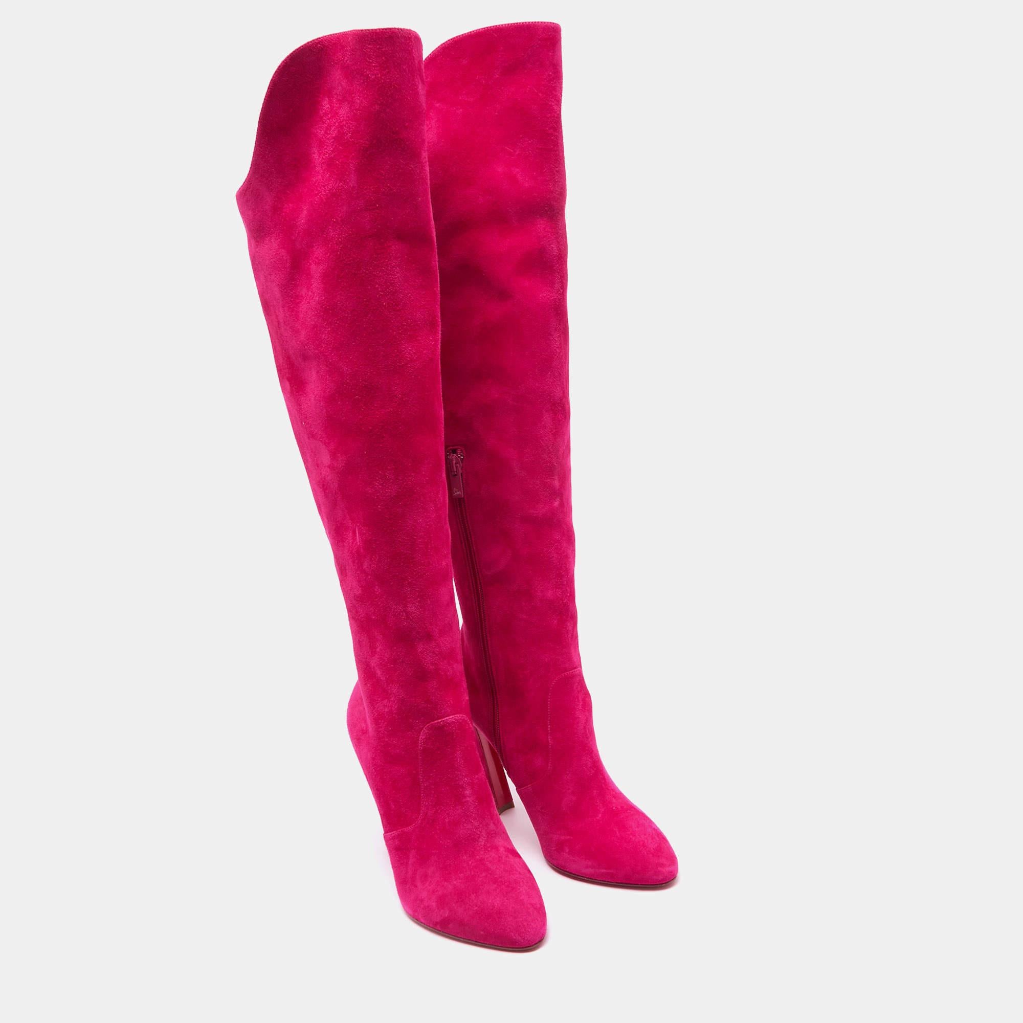 Women's Christian Louboutin Pink Suede Knee Length Boots Size 38