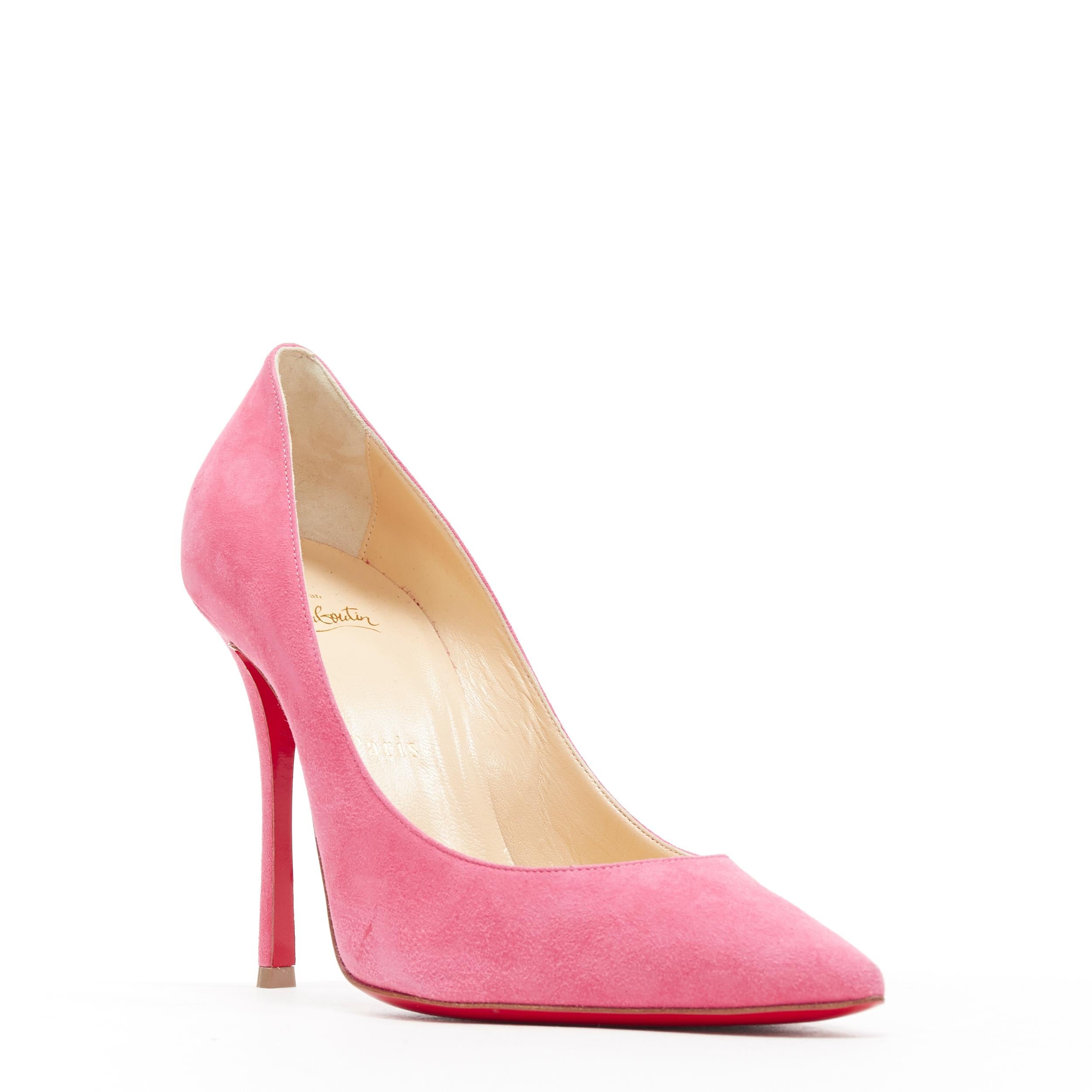 CHRISTIAN LOUBOUTIN pink suede leather pointy toe stiletto pigalle pump EU38
Brand: Christian Louboutin
Designer: Christian Louboutin
Model Name / Style: Pigalle 
Material: Suede
Color: Pink
Pattern: Solid
Extra Detail: High (3-3.9 in) heel height.