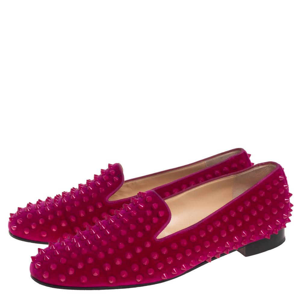 Women's Christian Louboutin Pink Suede Leather Rolling Spikes Loafers Size 40