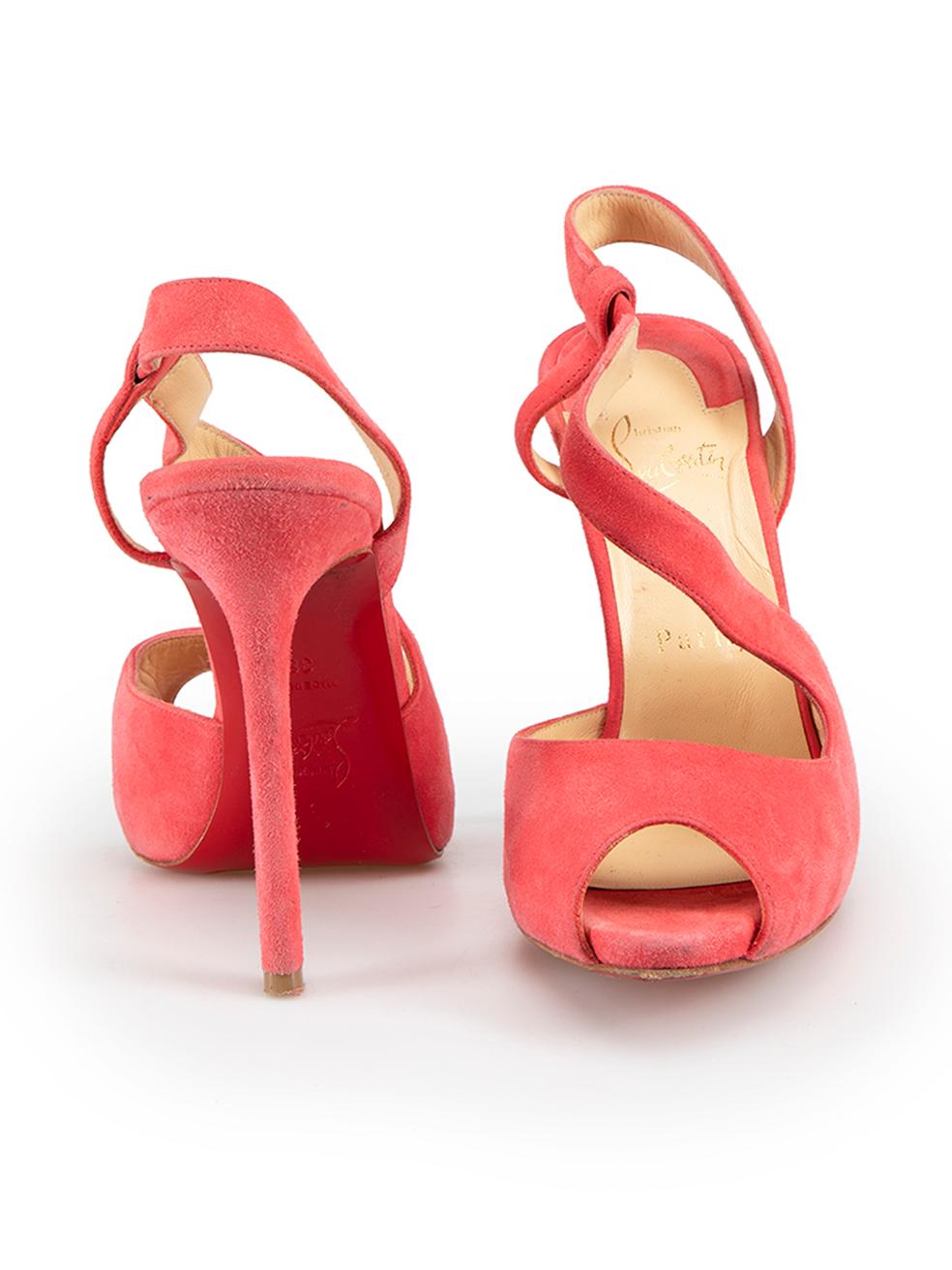 Christian Louboutin Pink Suede Peep Toe Heels Size IT 38 In Excellent Condition For Sale In London, GB