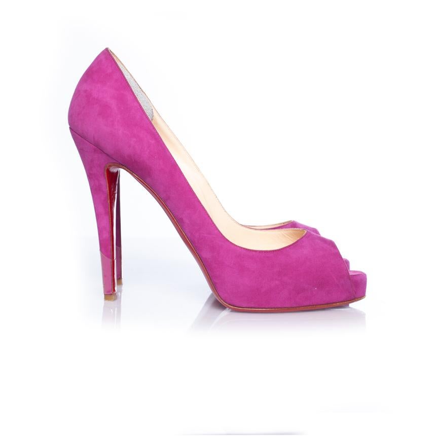 Christian Louboutin, Pink suede peep toe platform pump For Sale 1