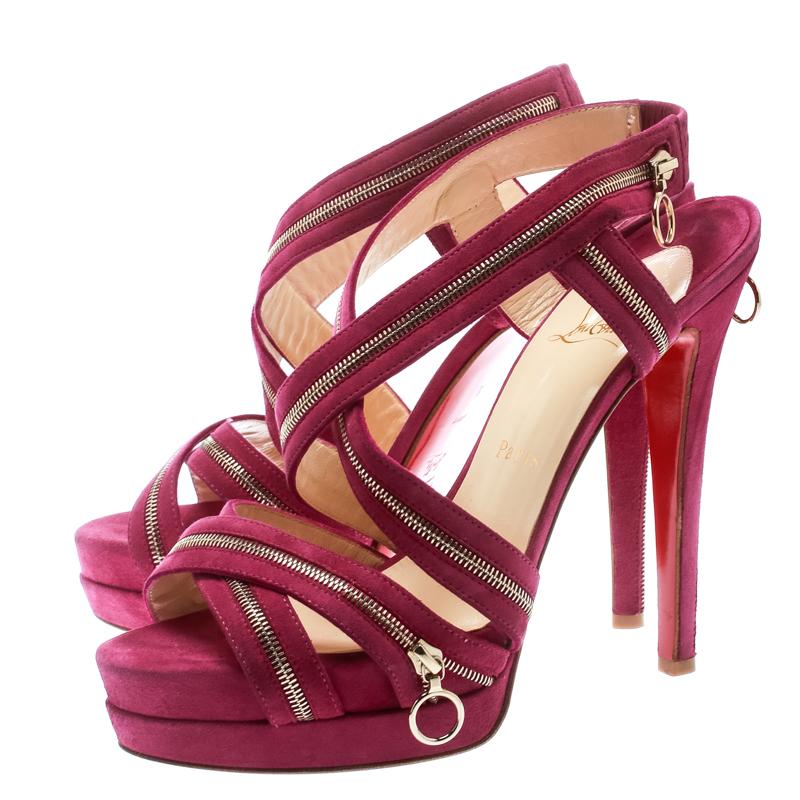 Christian Louboutin Pink Suede Rodita Zipper Detail Platform Sandals Size 39 In Good Condition In Dubai, Al Qouz 2