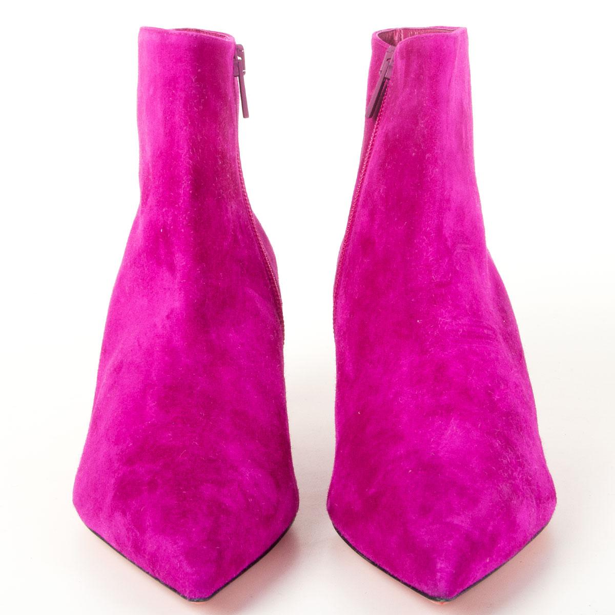 100% authentic Christian Louboutin So Kate 55 pointed-toe ankle booties in fuchsia suede. Open with a zipper on the inside. Brand new. 

Imprinted Size 38.5
Shoe Size 38.5
Inside Sole 25cm (9.8in)
Width 7.5cm (2.9in)
Heel 5.5cm (2.1in)