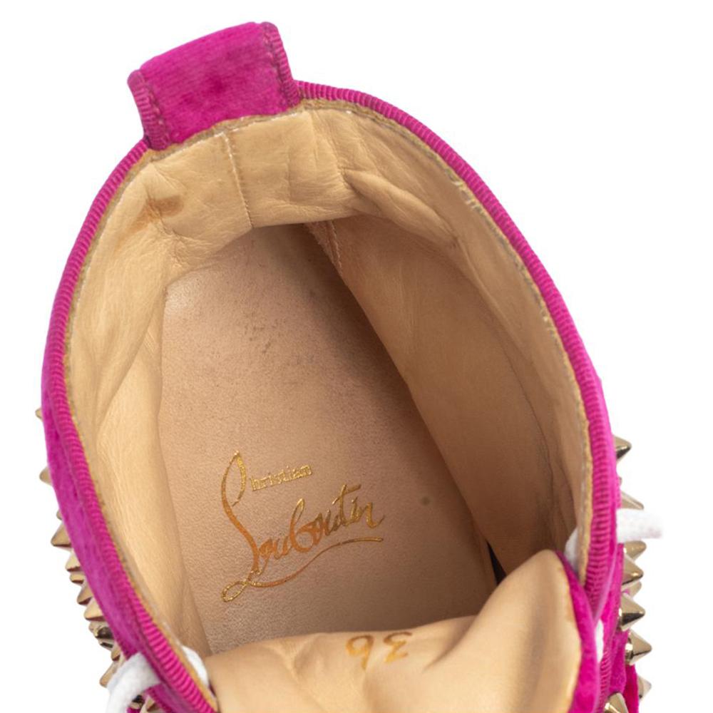 Christian Louboutin Pink Velvet Spike Louis Orlato Mid Top Sneakers Size 36 In Good Condition In Dubai, Al Qouz 2