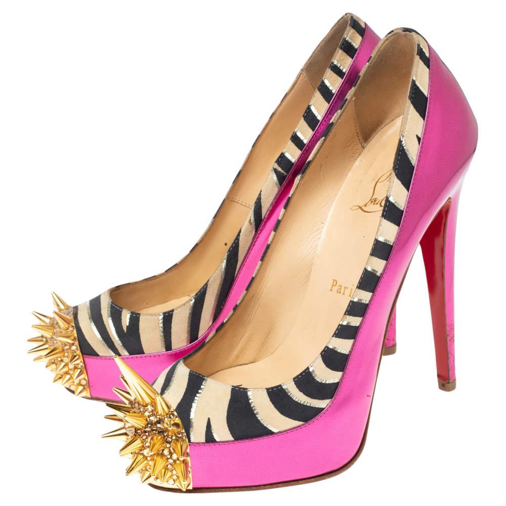 Women's Christian Louboutin Pink Zebra Print  Asteroid Spike Pumps Size 36