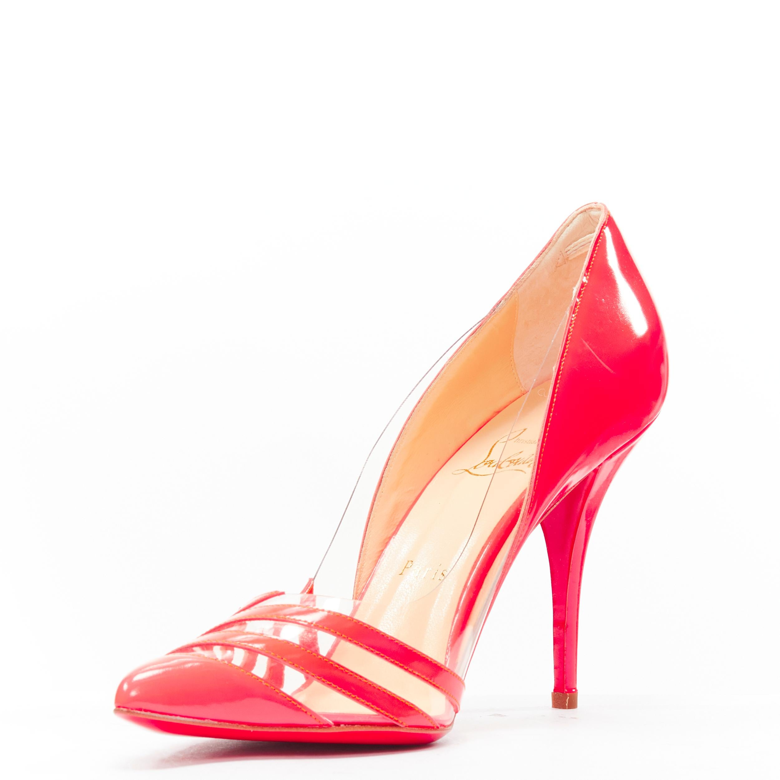 CHRISTIAN LOUBOUTIN Pivichic 100 neon pink striped patent pigalle pump EU37.5 In Excellent Condition For Sale In Hong Kong, NT