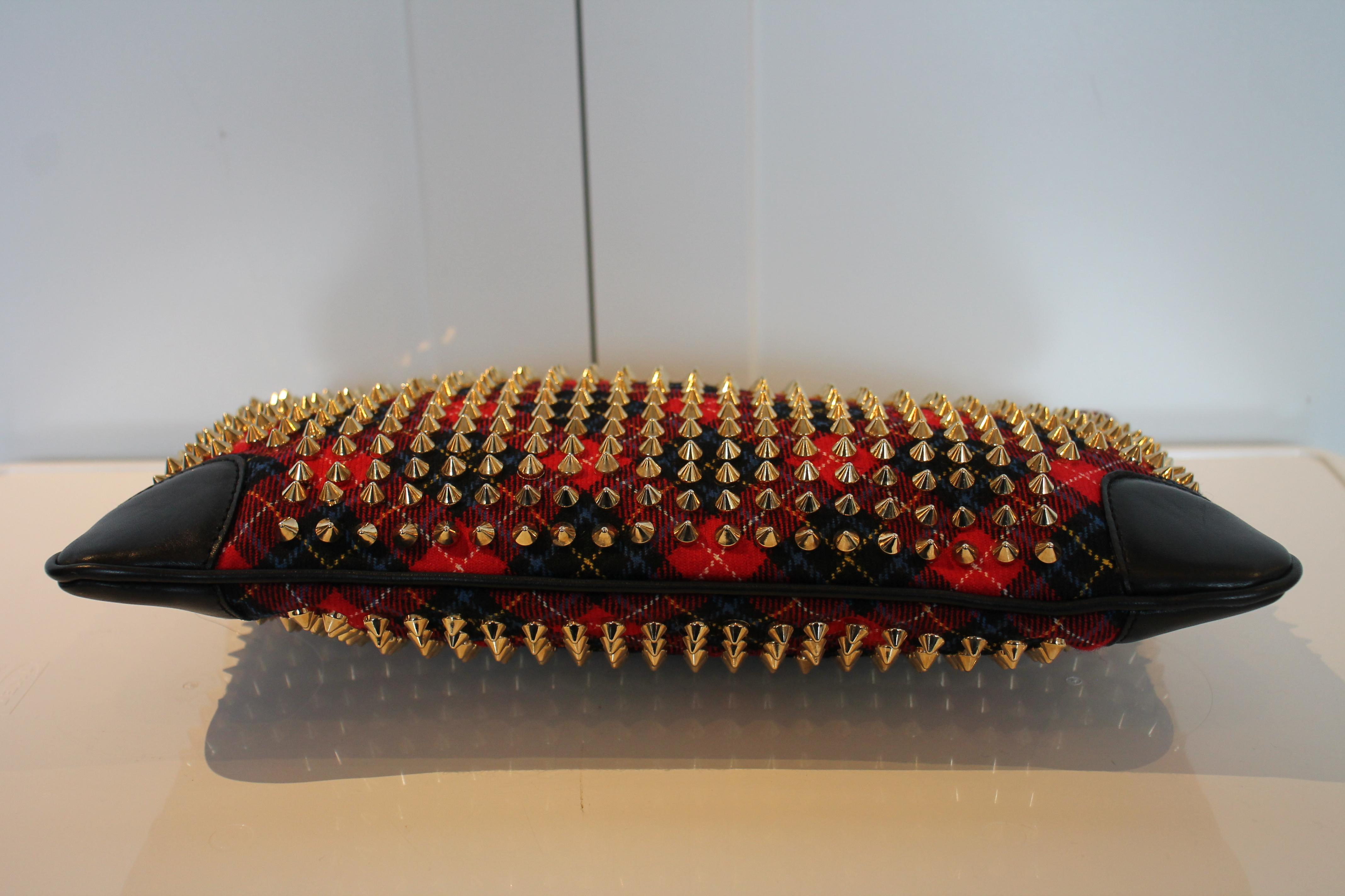 Women's or Men's Christian Louboutin Plaid Spiked Clutch For Sale