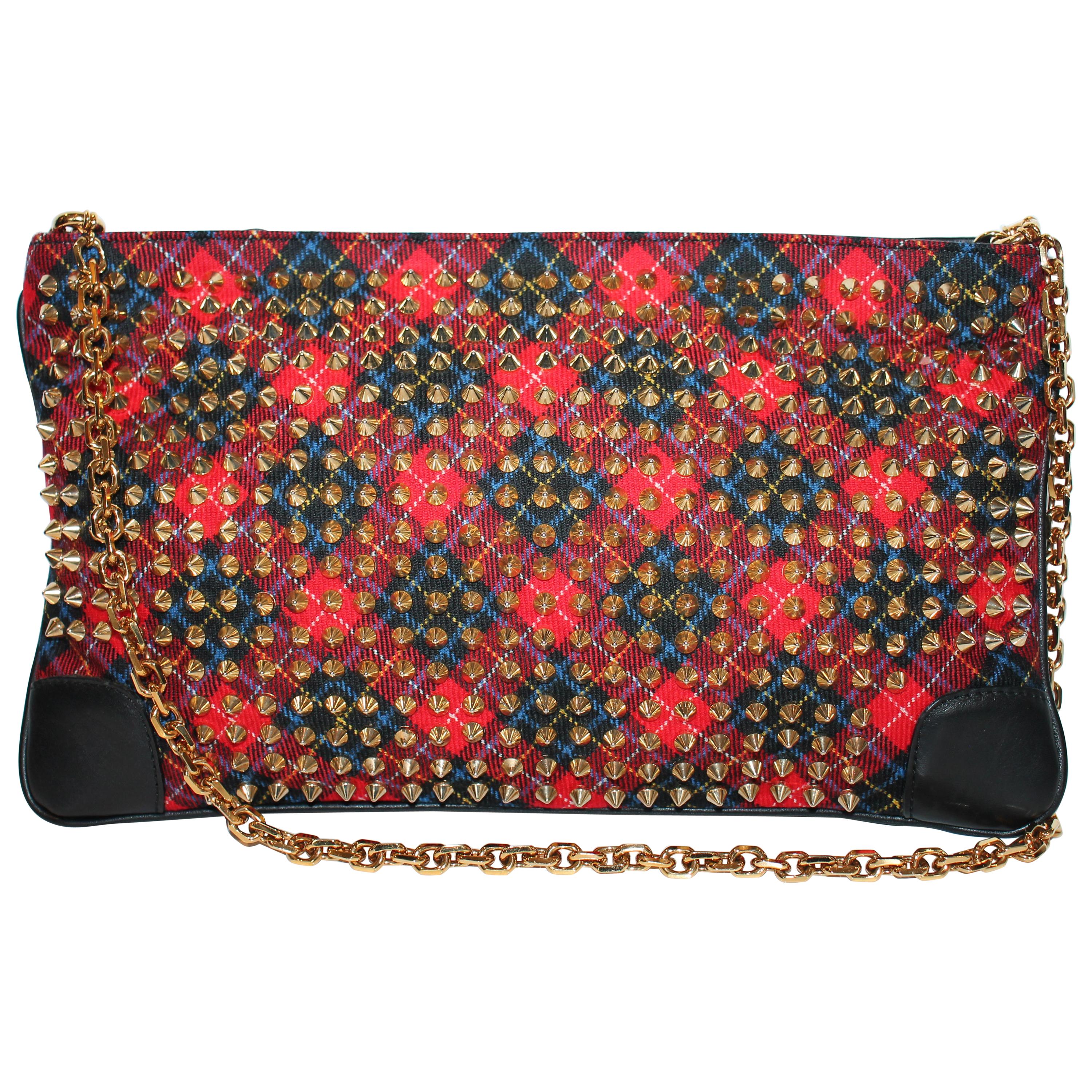 Christian Louboutin Plaid Spiked Clutch For Sale