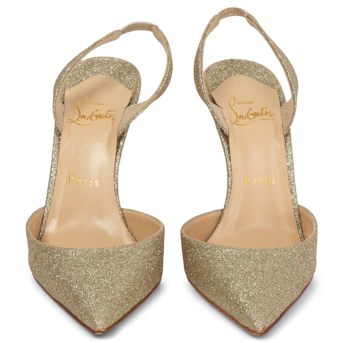 100% authentic Christian Louboutin Platine Mini Glitter Ever 100 Slingback Pumps in gold-tone glitter. Have been worn once inside however the glue is showing in parts on the back. Overall in virtually new condition. Come with dust bag.